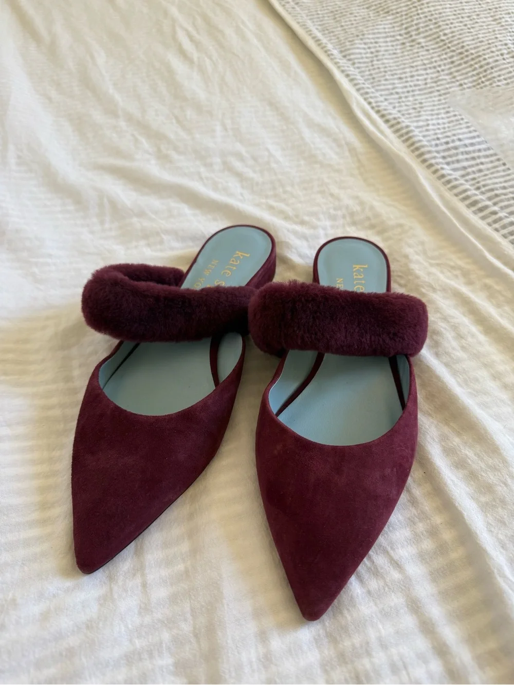 kate spade Wine Suede Pointed-Toe Fur-Trim Mules